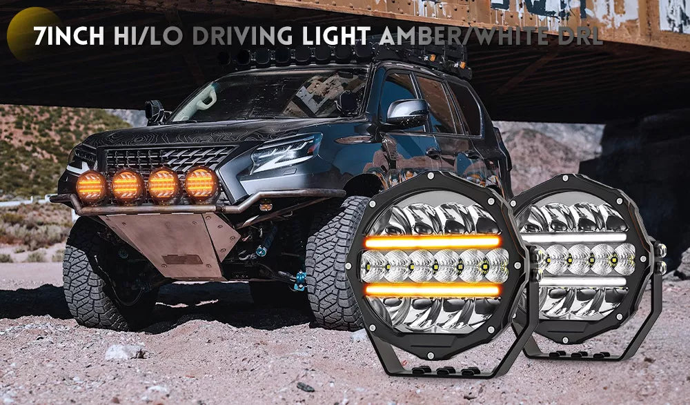 Position Light 7 Inch Round Driving Hi-Low Lights w/ Amber-White Position Light OM-D0 ...