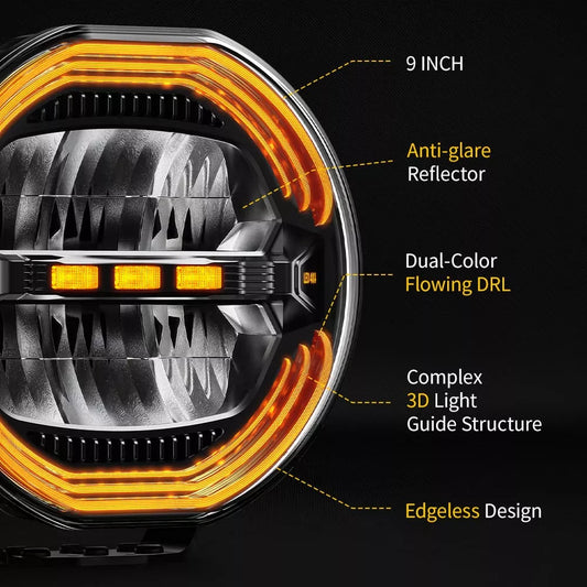 9 inch Round Driving Hi-Low Lights w/ Amber-White Position Light OM-D091-6