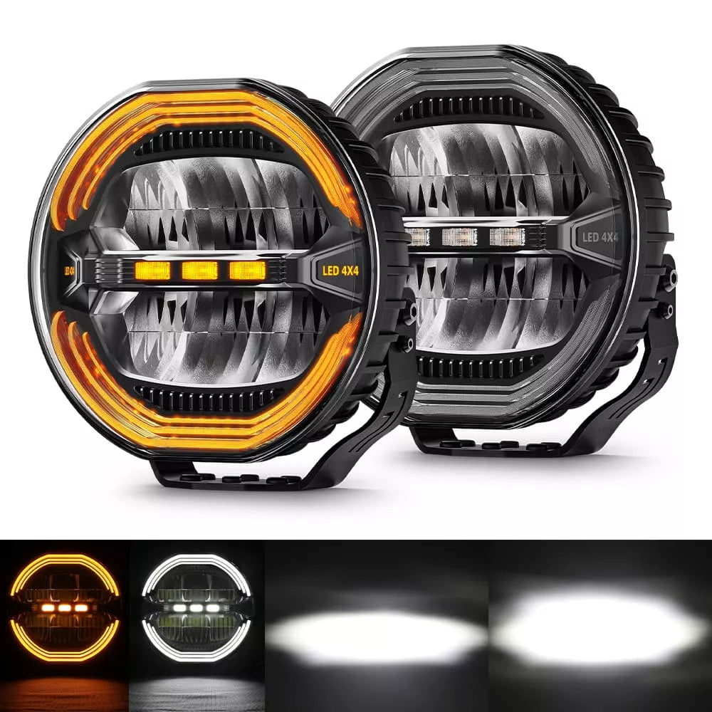 9 inch Round Driving Hi-Low Lights w/ Amber-White Position Light OM-D091-6